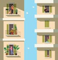 Neighbors on balconies. People rest with pets, reading, watering plant on balcony apartment building quarantine period Royalty Free Stock Photo