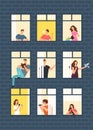 Neighbors cartoon people in apartment house windows. Neighborhood vector concept