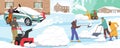 Neighbors Community Characters Bundled In Winter Gear, United In Clearing Snow From Their Driveways, Vector Illustration