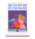 Neighbors people in window vector illustration, cartoon active man woman or couple characters live in neighboring home
