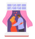 Neighbors people in window vector illustration, cartoon active man woman or couple characters live in neighboring home