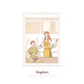 Neighbors in window frame, couple having breakfast, man and woman talking in kitchen, mom cooking meal banner