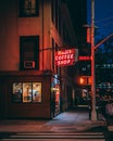 Neils Coffee Shop neon sign at night, Upper East Side, Manhattan, New York