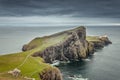 Neist Point lighthouse from Neist Cliff viewpoint with a dramatic colorful sky Royalty Free Stock Photo