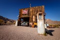 Nelson Ghost Town, Nevada, USA - 4 October, 2019: Abandoned gas station with old rusty classic car in Nelson Ghost Town, Nelso