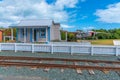 NELSON, NEW ZEALAND, FEBRUARY 5, 2020: Historial train station at Founders Heritage Park at Nelson, New Zealand