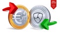 Nem to Euro currency exchange. Nem. Euro coin. Cryptocurrency. Golden and silver coins with Nem and Euro symbol with green and red