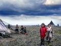 Nenets children near their plague in the Arctic, Russia Royalty Free Stock Photo