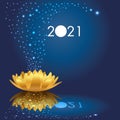 2021 greeting card with an imaginary visual, showing a golden water lily and a cloud of stars. Royalty Free Stock Photo