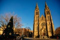 Neo-Gothic Roman Catholic church of St. Ludmila at Peace Square, Kostel sv. Ludmily, Christmas tree at Nameti Miru in sunny day, Royalty Free Stock Photo