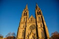 Neo-Gothic Roman Catholic church of St. Ludmila at Peace Square, Kostel sv. Ludmily, Christmas tree at Nameti Miru in sunny day, Royalty Free Stock Photo