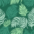 Neo mint vector pattern with palm dypsis leaves on dark background. Seamless summer palm vector dypsis tropical design
