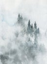 Neo-noir landscape. Blue valley with mountains and forest in fog - hand drawn watercolor painting