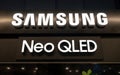 Signboard with the Samsung brand logo and the name of Neo QLED technology. Minsk, Belarus - January 10, 2024