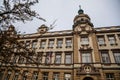 Neo-renaissance historical building of Skalova primary school with tower, beautiful cityscape of medieval town in winter day,