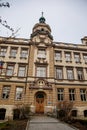 Neo-renaissance historical building of Skalova primary school with tower, beautiful cityscape of medieval town in winter day,