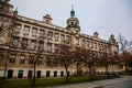 Neo-renaissance historical building of Skalova primary school with tower, beautiful cityscape of medieval town in winter day,