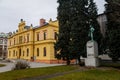 Neo-renaissance historical building of Sokolovna and Monument to Dr. Miroslav Tyrs, cityscape of medieval town in winter day,