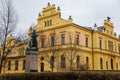 Neo-renaissance historical building of Sokolovna and Monument to victims of wars and communism, cityscape of medieval town in