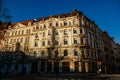 Neo-renaissance historical building with stucco at the Vinohrady Quarte, Peace Square or Nameti Miru at sunny day, Prague, Czech Royalty Free Stock Photo