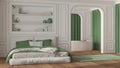 Neoclassic bedroom and bathroom in white and green tones. Modern bed and freestanding bathtub, arched walls with curtains. Molded Royalty Free Stock Photo