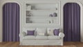 Neoclassic living room close up, molded walls with bookshelf in white and purple tones. Arched doors with curtains and parquet