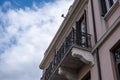 Neoclassical building facade detail, cloudy sky background, Plaka, Athens Greece Royalty Free Stock Photo