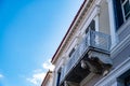 Neoclassical building facade detail, blue sky background, Plaka, Athens Greece Royalty Free Stock Photo