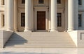 Neoclassical courthouse facade featuring majestic colonnade, symmetrical design. Building with columns, steps authority, justice, Royalty Free Stock Photo