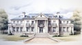 Neoclassical French Provincial Luxury Villa: Architectural Illustration In Pencil Royalty Free Stock Photo