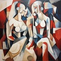 Neocubist Painting: Two Women In Geometric Shapes Royalty Free Stock Photo