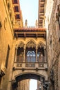 neogothic bridge at Carrer del ,Bisbe Bishop, Street in Catalonia, Spain Royalty Free Stock Photo