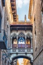 Neogothic bridge in Carrer del Bisbe, Barcelona, Catalonia, Spain Royalty Free Stock Photo