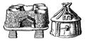 Neolithic Age Hut Urns are first drawing probably representing a lake dwelling, vintage engraving