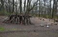 A Neolithic hut, a wooden building of ethnically backward nations, or a survival lodge. logs assembled in the shape of a yurt, ear