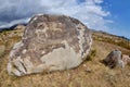 Neolithic petroglyphs rock paintings depicting fighting of two mountain goats,Issyk-Kul lake, Kyrgyzstan,Central Asia