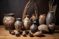 neolithic pottery pieces arranged on a wooden surface Royalty Free Stock Photo