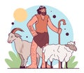 Neolithic Revolution. Animal husbandry origin. Shepherd with a cane grazing