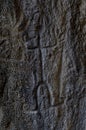 Neolithic rock paintings of Gobustan National Park, depicting dancing shaman holding spear in his hand, Azerbaijan,Caucasus,unesco