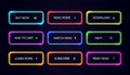 Neom web button. Glow modern colorful action buttons. Vector buy now download read more banner set