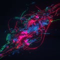 Neon abstract art featuring a complex arrangement of glowing, fragmented shapes