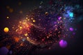 Neon abstract background with small flying particles, confetti and drops, generative AI