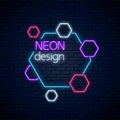 Neon abstract glowing design on dark brick wall background. Geometric background with hexagons in neon style