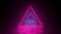 Neon abstract triangle background. Pink blue violet light, ultraviolet triangular hole in the wall. Window, open door, gate, porta