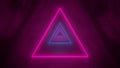 Neon abstract triangle background. Pink blue violet light, ultraviolet triangular hole in the wall. Window, open door, gate, porta
