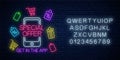 Neon advertising banner of mobile app special offer with alphabet. Shopping icons around mobile phone and text