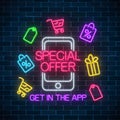 Neon advertising banner of mobile app special offer. Shopping icons and mobile phone. Discounts and sales in application