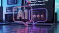 Neon ai chat bubbles over laptop keyboard with code visible on the screen in a blurred background Royalty Free Stock Photo