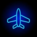 Neon airplane icon on black blue background Royalty Free Stock Photo