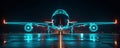Neon Airplane on Runway at Night - 3D Render Royalty Free Stock Photo